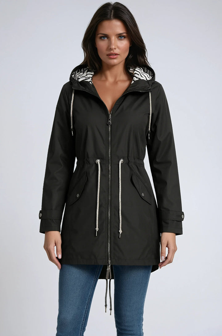 RAIN JACKET | PARKA COAT WITH HOOD AND DRAWSTRING WAIST