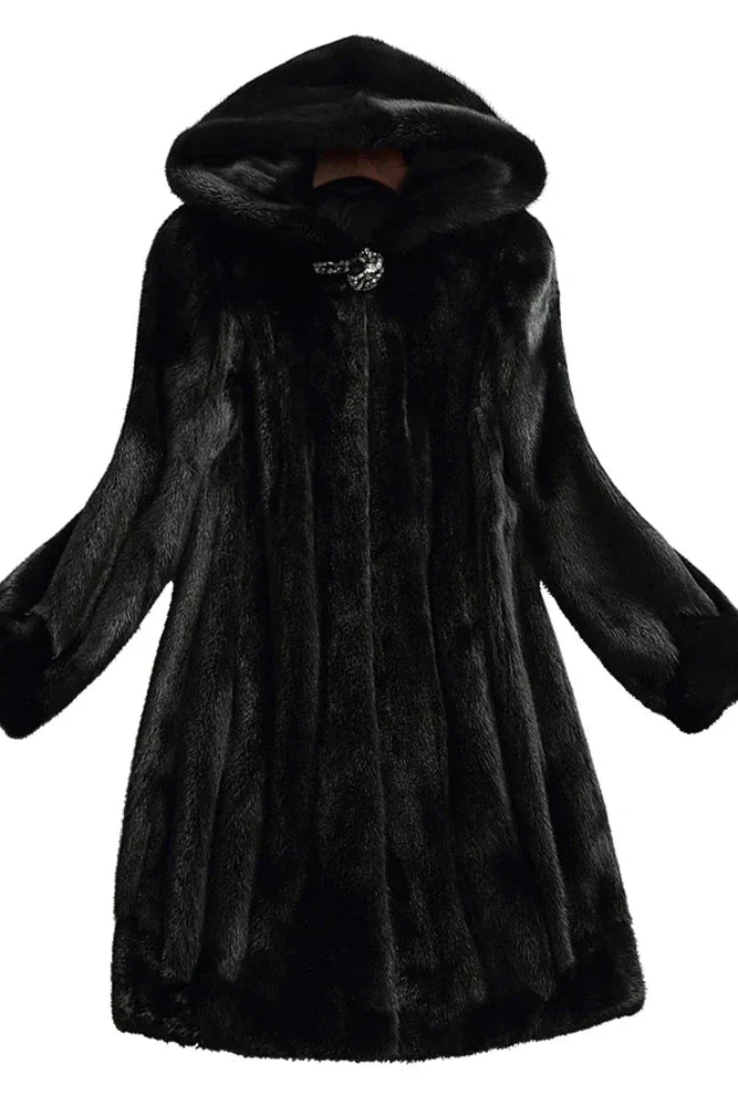 WOMEN’S BLACK FUR COAT | HOODED LONG OUTERWEAR