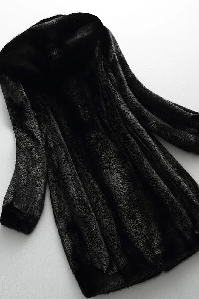 WOMEN’S BLACK FUR COAT | HOODED LONG OUTERWEAR