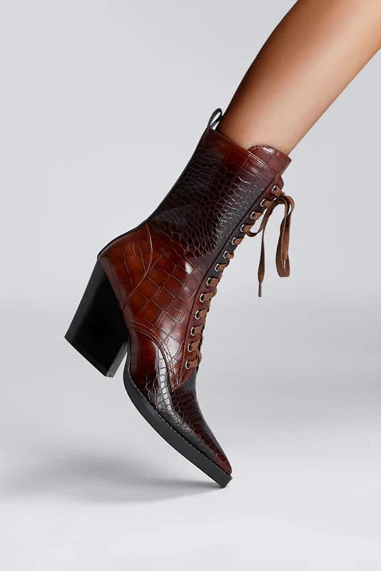 HEELED LACE-UP BOOTS | CROC-EMBOSSED LEATHER & POINTED TOE
