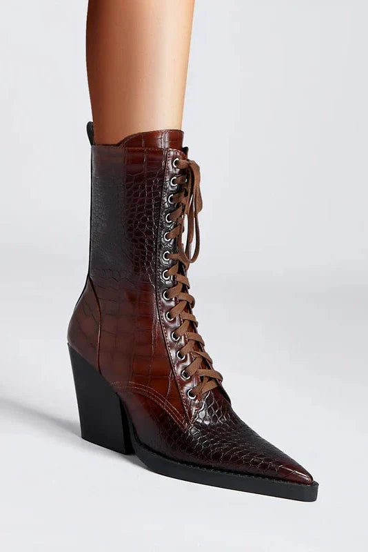 HEELED LACE-UP BOOTS | CROC-EMBOSSED LEATHER & POINTED TOE