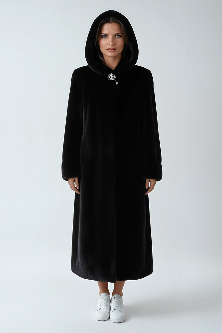 WOMEN’S BLACK FUR COAT | HOODED LONG OUTERWEAR