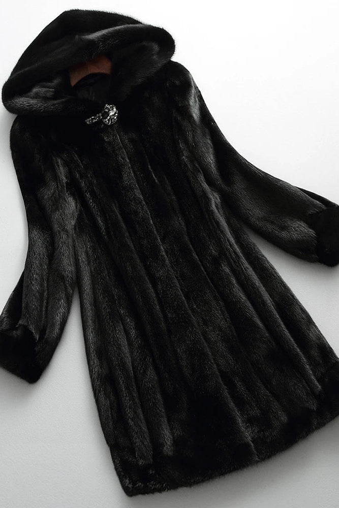 WOMEN’S BLACK FUR COAT | HOODED LONG OUTERWEAR