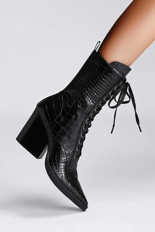 HEELED LACE-UP BOOTS | CROC-EMBOSSED LEATHER & POINTED TOE