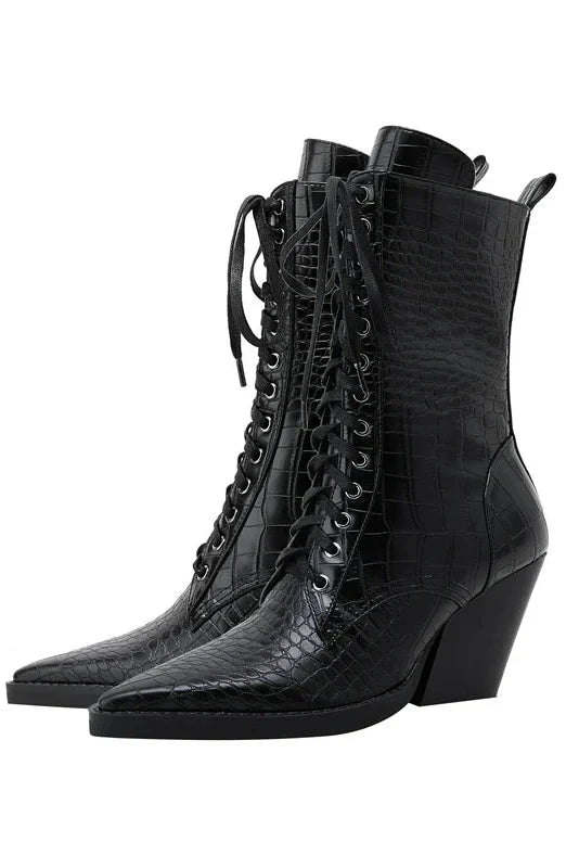 HEELED LACE-UP BOOTS | CROC-EMBOSSED LEATHER & POINTED TOE