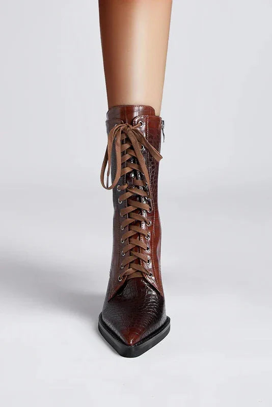 HEELED LACE-UP BOOTS | CROC-EMBOSSED LEATHER & POINTED TOE
