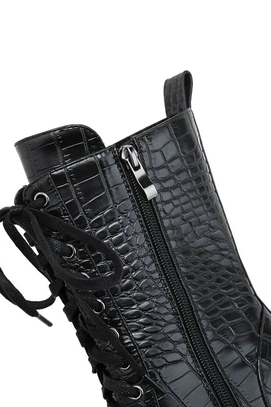 HEELED LACE-UP BOOTS | CROC-EMBOSSED LEATHER & POINTED TOE