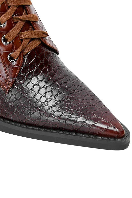 HEELED LACE-UP BOOTS | CROC-EMBOSSED LEATHER & POINTED TOE