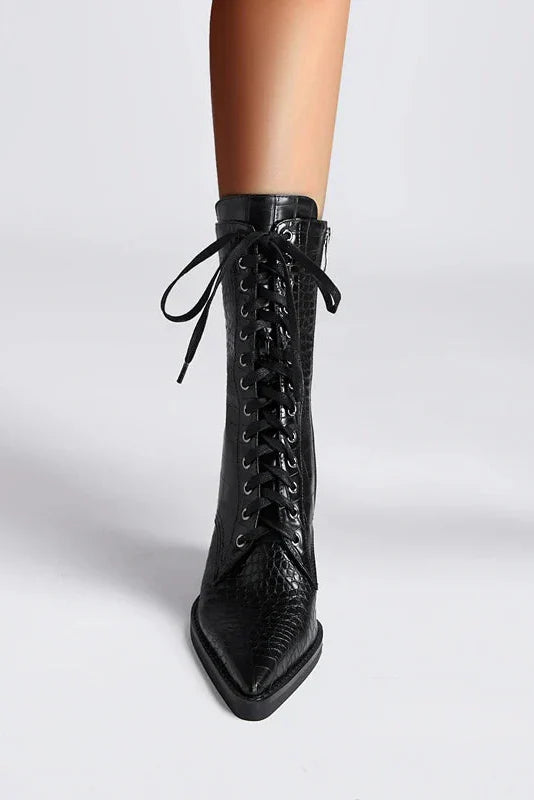 HEELED LACE-UP BOOTS | CROC-EMBOSSED LEATHER & POINTED TOE