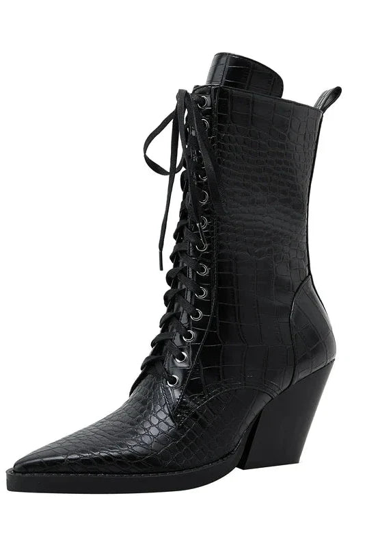 HEELED LACE-UP BOOTS | CROC-EMBOSSED LEATHER & POINTED TOE