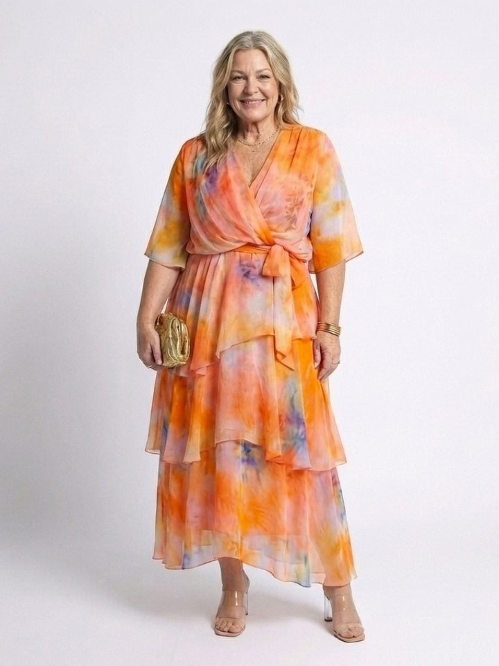 Piper | Sheer Layered V-Neck Tie Waist Short Flutter Sleeve Maxi Dress