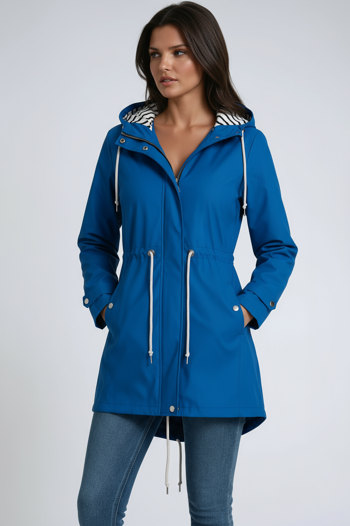 RAIN JACKET | PARKA COAT WITH HOOD AND DRAWSTRING WAIST
