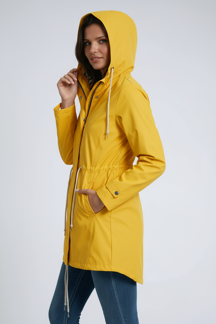 RAIN JACKET | PARKA COAT WITH HOOD AND DRAWSTRING WAIST